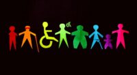 Sondo nero e rappresentazione stilizzata e colorata di condizioni diverse, come obesità, anzianità, disabilità, per indicare l'inclusione sociale e invitare all'uso di un linguaggio inclusivo